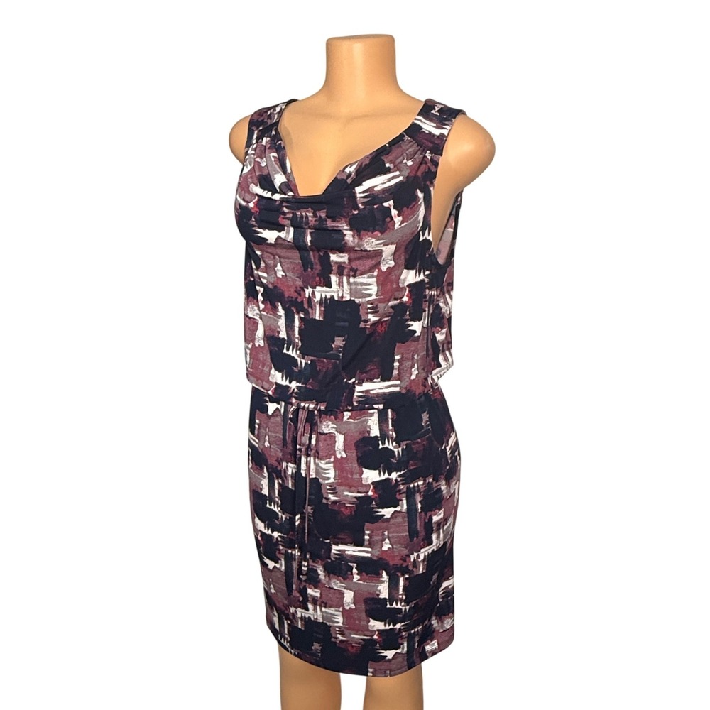 LOFT Sheath Dress Women Size M Burgundy Navy Abstract Cowl Neck Excellent
